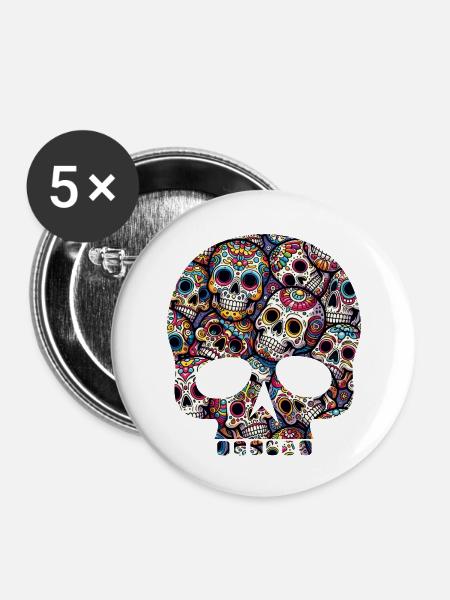 Buntes dekoratives Skullmuster - Buttons klein 25 mm (5er Pack) - Weiß