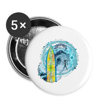 Wellen- und Surfer Motiv mit Mandala - Buttons klein 25 mm (5er Pack) - Weiß - Vorne