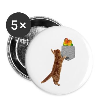 Cat Reaching For Lovebirds In Fake Print-On Pocket - Buttons small 1''/25 mm (5-pack) - white - Front