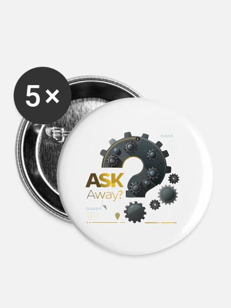 HINTERFRAGEN, FRAGEN - Buttons klein 25 mm (5er Pack) - Weiß