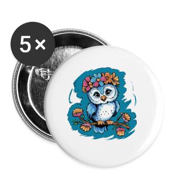 Niedliche Eule Vogel Federn Blumen für einen - Buttons klein 25 mm (5er Pack) - Weiß - Vorne