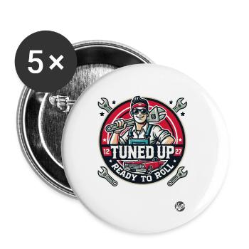 Voll getunt und aufgemotzt , Automechaniker Tuner - Buttons klein 25 mm (5er Pack) - Weiß - Vorne