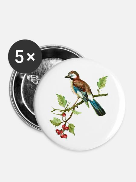 Bunter Vogel - Buttons klein 25 mm (5er Pack) - Weiß