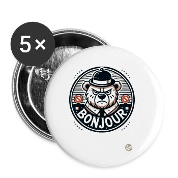 Der Französische Gentle-Bär: Bonjour - Buttons klein 25 mm (5er Pack) - Weiß - Vorne