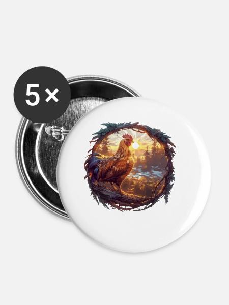 Rooster Hähne Hahn - Buttons klein 25 mm (5er Pack) - Weiß