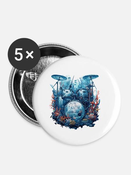 Fisch Trommeln - Buttons klein 25 mm (5er Pack) - Weiß