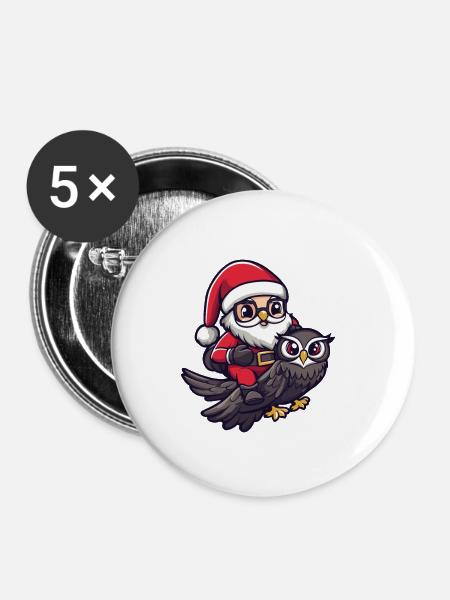 Eule Weihnachtsmann Cartoon - Buttons klein 25 mm (5er Pack) - Weiß