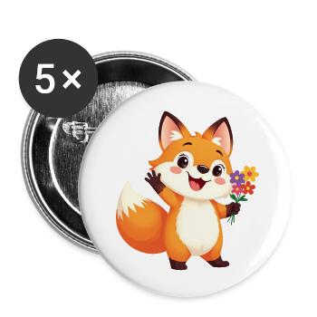 Renard de dessin animé joyeux avec bouquet de fleurs - Lot de 5 petits badges (25 mm) - blanc - Devant