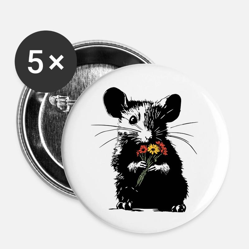 Mouse with colorful bouquet - Stencil Love - Buttons small 1''/25 mm (5-pack) - white