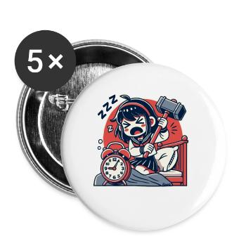 Fille fatiguée avec un marteau et un réveil - Lot de 5 petits badges (25 mm) - blanc - Devant