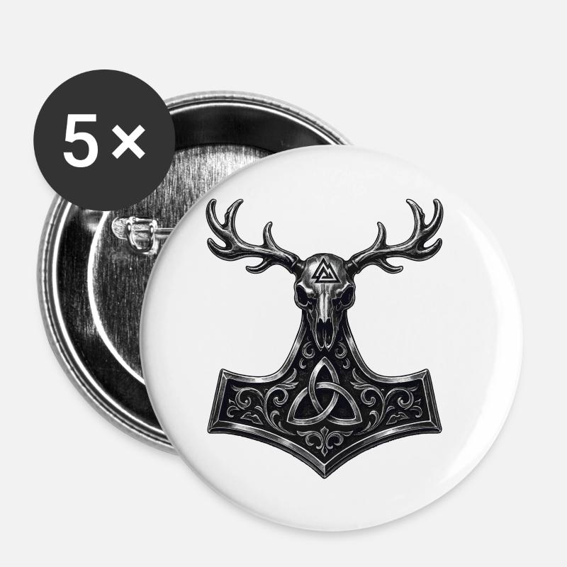Crâne de cerf Valknut | Symbole païen de Mjölnir - Lot de 5 petits badges (25 mm) - blanc