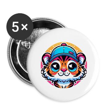 Kleiner Tigerkopf mit Mütze - Buttons klein 25 mm (5er Pack) - Weiß - Vorne