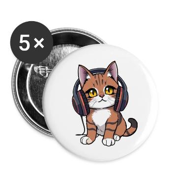 Chat avec des écouteurs - Lot de 5 petits badges (25 mm) - blanc - Devant