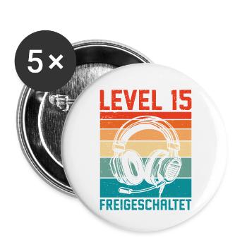 15. Geburtstag Jungen Gamer Level 15 Unlocked - Buttons klein 25 mm (5er Pack) - Weiß - Vorne
