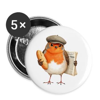 Robin Newsbird with Bread and Cap - Buttons small 1''/25 mm (5-pack) - white - Front