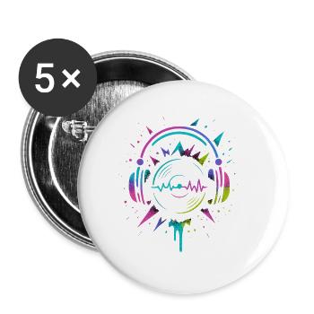 Casque néon, vinyle, son techno rave - Lot de 5 petits badges (25 mm) - blanc - Devant