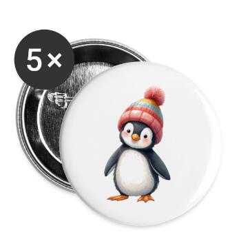 Pinguin mit bunter Wintermütze - Buttons klein 25 mm (5er Pack) - Weiß - Vorne