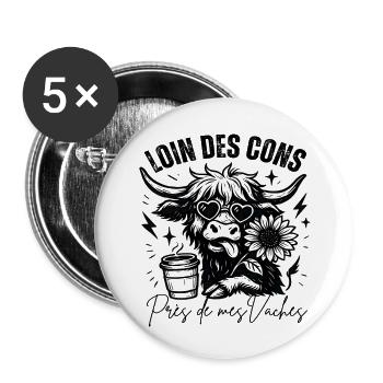 Loin Des Cons Près De Mes Vaches Humour Cadeau - Lot de 5 petits badges (25 mm) - blanc - Devant