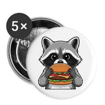 Dessin animé mignon de raton laveur avec burger fast-food - Lot de 5 petits badges (25 mm) - blanc - Devant