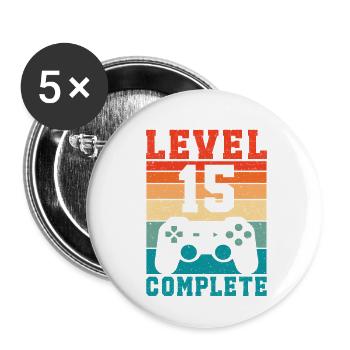 15. Geburtstag Level 15 Complete 15 Jahre Gamer  - Buttons klein 25 mm (5er Pack) - Weiß - Vorne