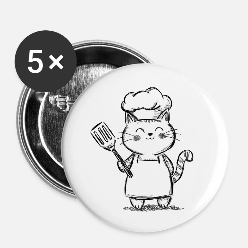 Chat mignon dans la cuisine - Dessin de Chef Chat - Lot de 5 petits badges (25 mm) - blanc