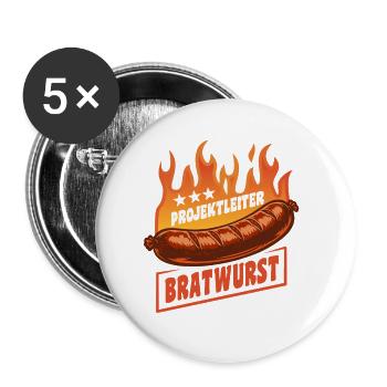 Chef de projet Bratwurst | Culte des Flammes Grillées - Lot de 5 petits badges (25 mm) - blanc - Devant