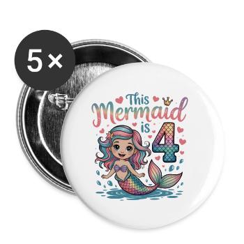 Mermaid 4th Birthday 4 Years - Buttons small 1''/25 mm (5-pack) - white - Front