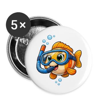 Süßer Fisch mit Schnorchel Tauchen Cartoon  - Buttons klein 25 mm (5er Pack) - Weiß - Vorne