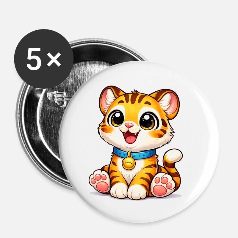 Kitten Tiger with Bells - Buttons small 1''/25 mm (5-pack) - white