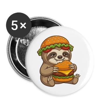 Sloth with Burger Cartoon - Buttons small 1''/25 mm (5-pack) - white - Front