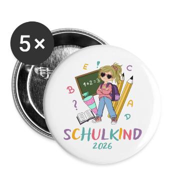 Schulkind 2026: Farbenfroh - Buttons klein 25 mm (5er Pack) - Weiß - Vorne