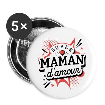 Super Maman d’Amour Style Pop Art - Lot de 5 petits badges (25 mm) - blanc - Devant