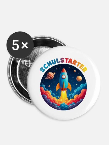 Lustige Bubble Rakete mit Planeten - Schulstarter - Buttons klein 25 mm (5er Pack) - Weiß