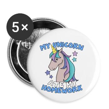 Licorne folle mignonne - devoirs scolaires drôle de magie - Lot de 5 petits badges (25 mm) - blanc - Devant
