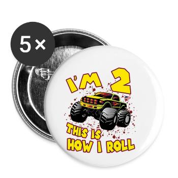 Monstertruck 2 Jahr alt Geschenk Kinder Mama Papa - Buttons klein 25 mm (5er Pack) - Weiß - Vorne