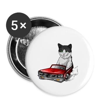Un chat européen à poil court conduit une voiture de sport rouge - Lot de 5 petits badges (25 mm) - blanc - Devant