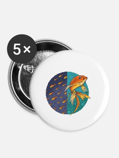 Goldfisch und Fisch - Buttons klein 25 mm (5er Pack) - Weiß