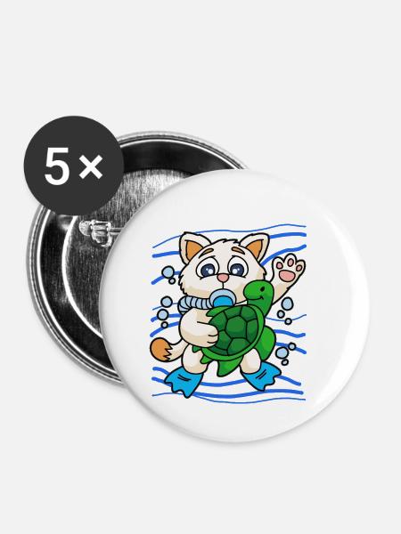 KITTY WITH SEA TURTLE - Buttons klein 25 mm (5er Pack) - Weiß