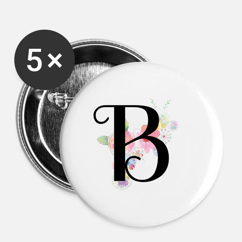 Monogramm Buchstabe B mit Pastellblüten - Buttons klein 25 mm (5er Pack) - Weiß