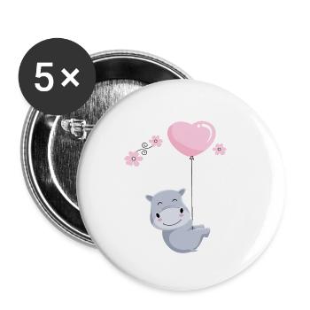 SÜßES NILPFERD MIT HERZ BALLON GESCHENKIDEE - Buttons klein 25 mm (5er Pack) - Weiß - Vorne