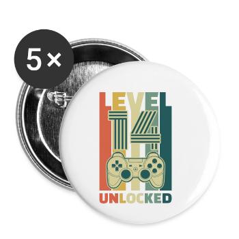 Level 14 Unlocked 14. Geburtstag Gaming Geschenk - Buttons klein 25 mm (5er Pack) - Weiß - Vorne