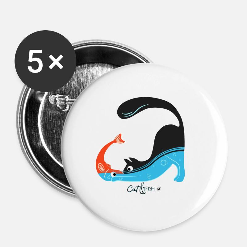 Katze und fisch Abbildung - Buttons klein 25 mm (5er Pack) - Weiß