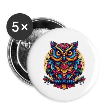 OWL EAGLE OWL BIRD OF PREY TAWNY OWL FEATHER RAINBOW COLORFUL - Buttons small 1''/25 mm (5-pack) - white - Front