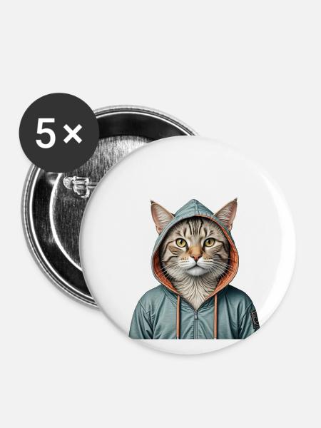 Katze trägt eine Jacke - Buttons klein 25 mm (5er Pack) - Weiß
