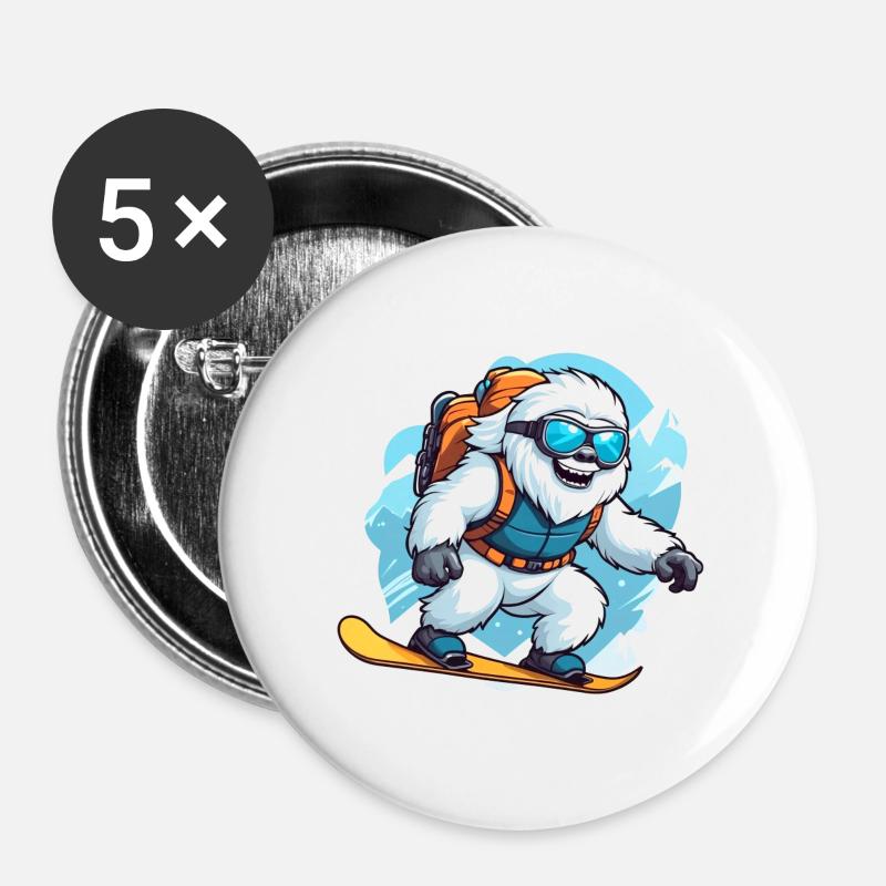 Yeti blanc snowboardeur - Lot de 5 petits badges (25 mm) - blanc