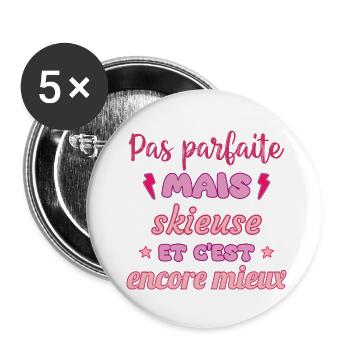 Pas parfaite mais skieuse,ski,montagne - Lot de 5 petits badges (25 mm) - blanc - Devant