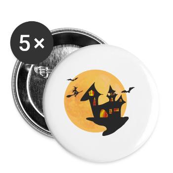 Halloween Shirt mit einer Hexe und Hexenhaus - Buttons klein 25 mm (5er Pack) - Weiß - Vorne