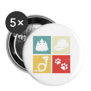 Conception de cor de chasse avec chapeau de feutre de patte de chien de forêt - Lot de 5 petits badges (25 mm) - blanc - Devant