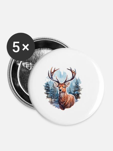 Winterlandschaft mit Hirsch - Buttons klein 25 mm (5er Pack) - Weiß
