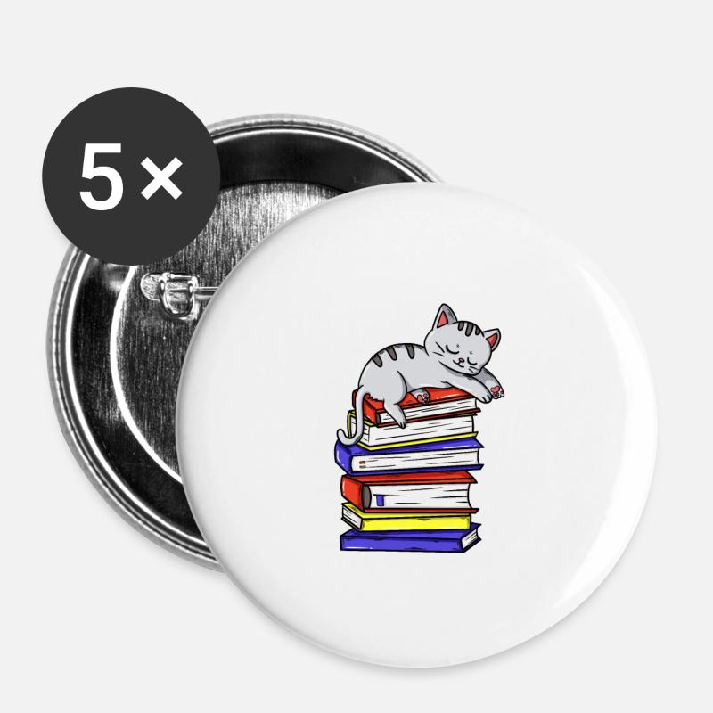 Katze Kätzchen Buch Lesen Bücherwurm Geschenk - Buttons klein 25 mm (5er Pack) - Weiß